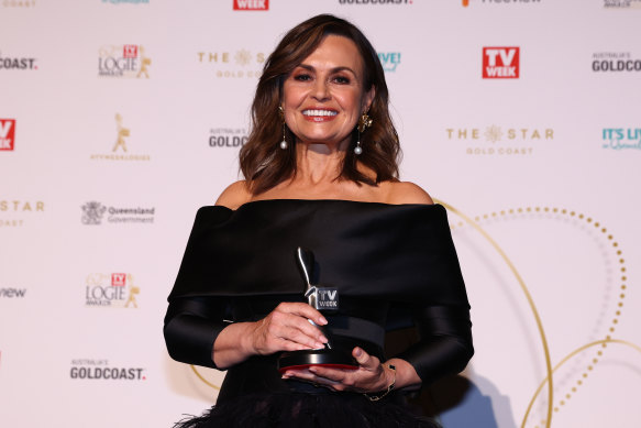 Lisa Wilkinson holding her Logie award in June 2022 for her interview with Brittany Higgins.