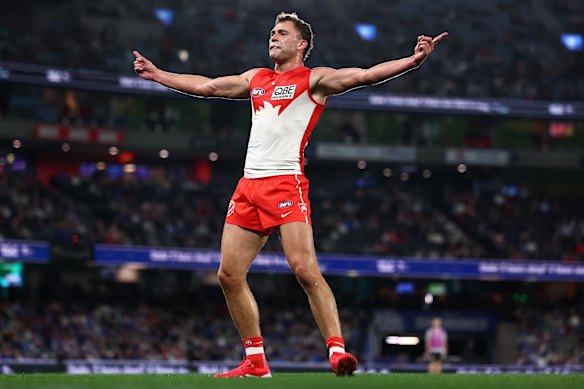 Will Hayward celebrates a goal.