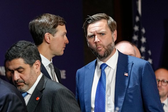 Trump’s son-in-law, Jared Kushner, left,  and US Vice President JD Vance at the meeting between the US, Iran, Pakistan, and Qatar at the Lake Lucerne Summit, aimed at advancing a deal to end the Middle East conflict Sunday.