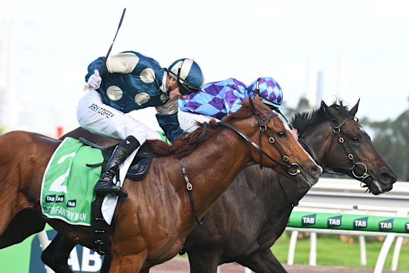 Harry Coffey riding
Light Infantry Man defeats Declan Bates riding Pride of Jenni in Race 8, the Tab Australian Cup.