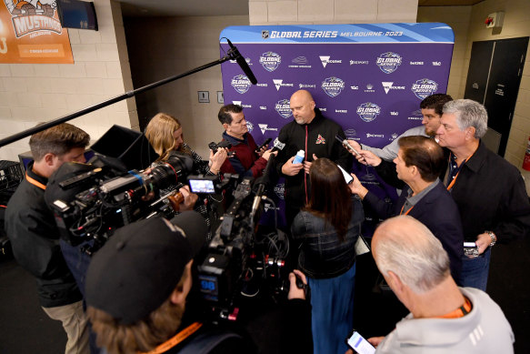 Arizona Coyotes head coach Andre Tourigny holds a press conference in Melbourne on Tuesday.