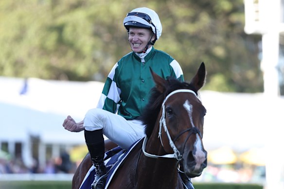 James McDonald on Via Sistina after their Queen Elizabeth Stakes win in April at Randwick.