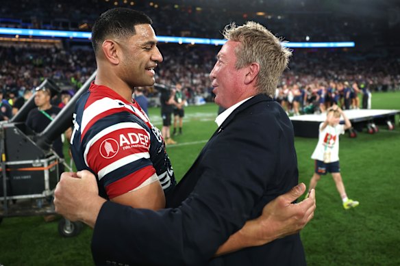 Daniel Tupou with coach Trent Robinson after the Roosters’ grand final win.