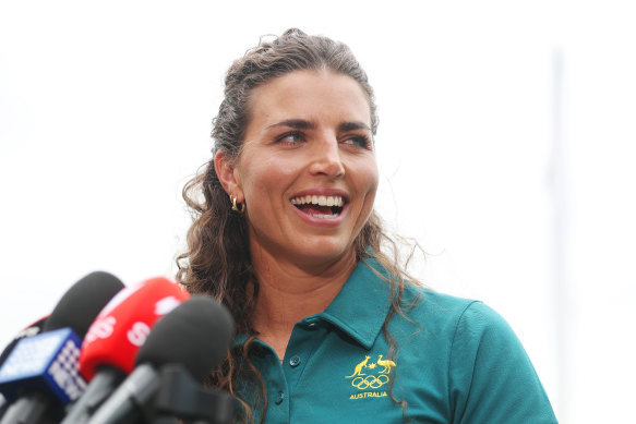 Jessica Fox reacts during an Australian Paris 2024 Olympic Games Team Selection Media Opportunity  in Sydney, Australia. 