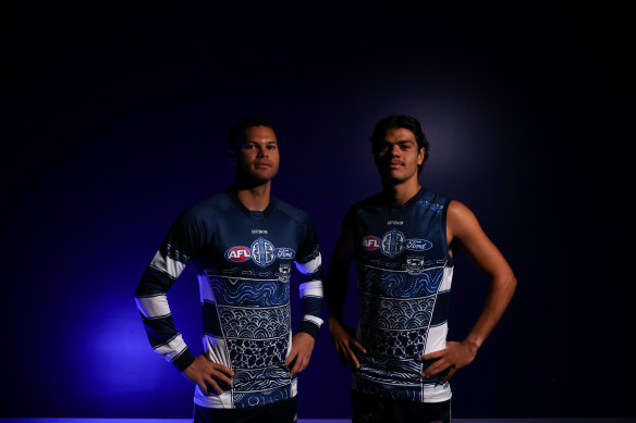 Brandan Parfitt and Cats teammate Lawson Humphries in the guernsey their club wore in Sir Doug Nicholls round.