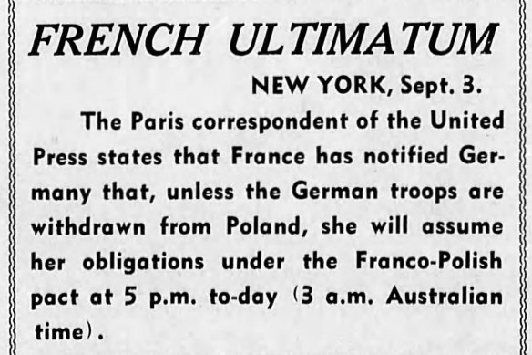 Extract from The Age published on September 3, 1939.