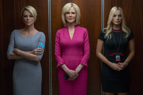 Charlize Theron as Megyn Kelly, Nicole Kidman as Gretchen Carlson, and Margot Robbie as the composite character Kayla in Bombshell. 