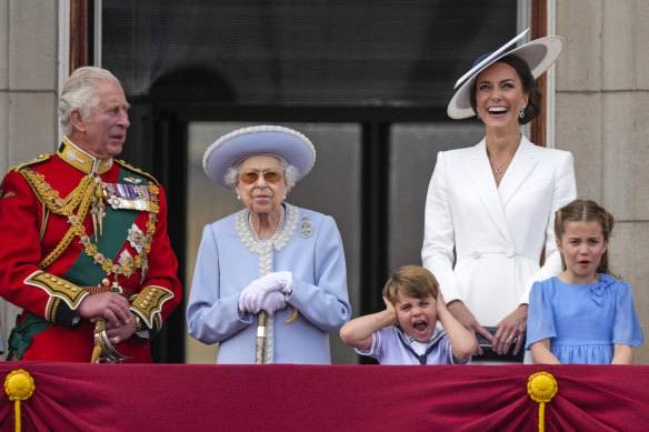 Queen Elizabeth II and members of her family stand on the balcony of Buckingham Palace on the first of four days of celebrations to mark the Platinum Jubilee in June, 2022.