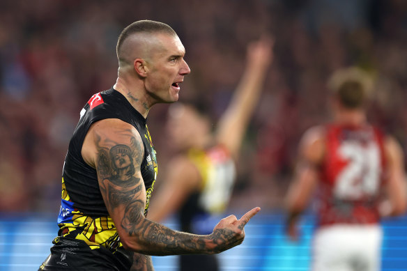 Dustin Martin celebrates his goal.