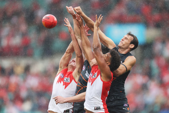 Giants and Swans players compete for the ball in their last meeting in round eight.