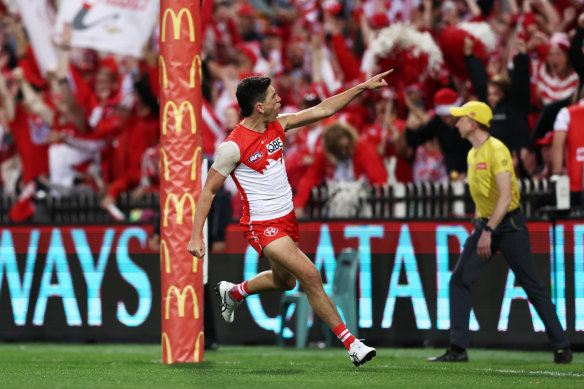 Justin McInerney celebrates a goal against the Magpies at the SCG.