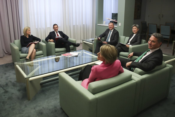 Opposition Leader Anthony Albanese meets with his leadership team, Katy Gallagher, Jim Chalmers, Kristina Keneally, Penny Wong and Richard Marles in 2020.