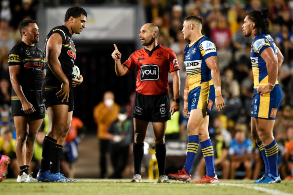 Refree Ashley Klein lays down the law during the Eels and Panthers semi-final on September 18. 