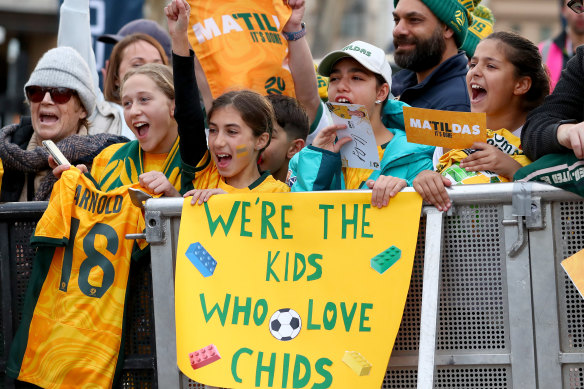 Fans of Alex Chidiac (“Chids”) at Federation Square to see the presentation of the Matildas’ World Cup squad on July 11.