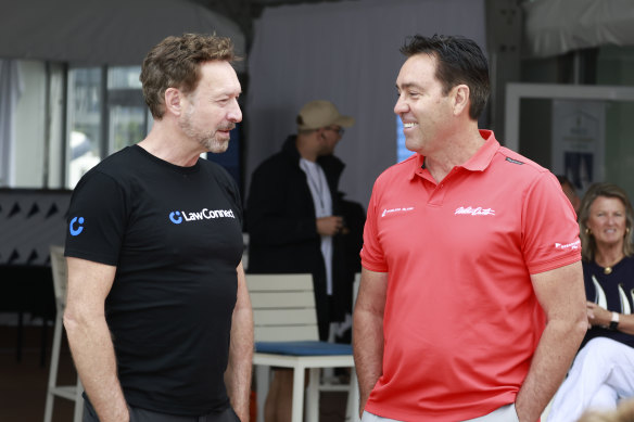 Christian Beck (left)), owner and skipper of LawConnect, chats to Mark Richards, skipper of Hamilton Island Wild Oats before the race.