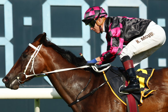 Our Kobison, ridden by Kerrin McEvoy, breaks the 1200-metre course record at Rosehill.