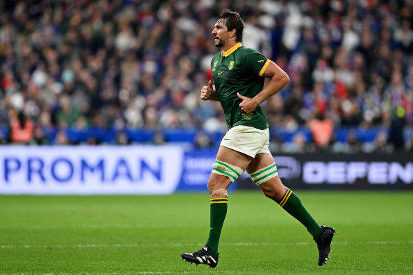 Eben Etzebeth leaves the field after being shown a yellow card.