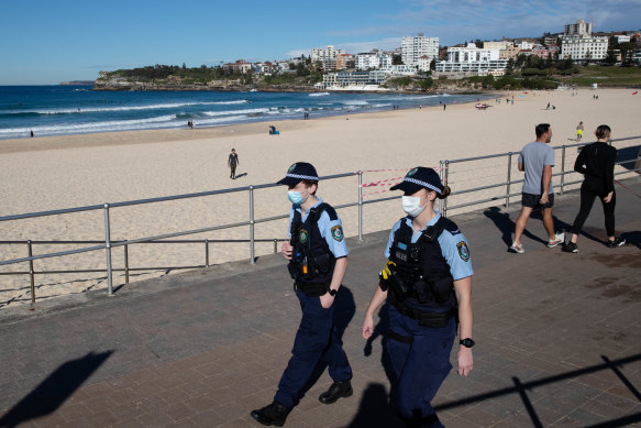 Police patrol Bondi Beach earlier this month.