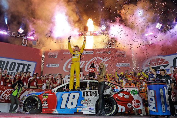 Busch wins a NASCAR Cup series race in 2018.