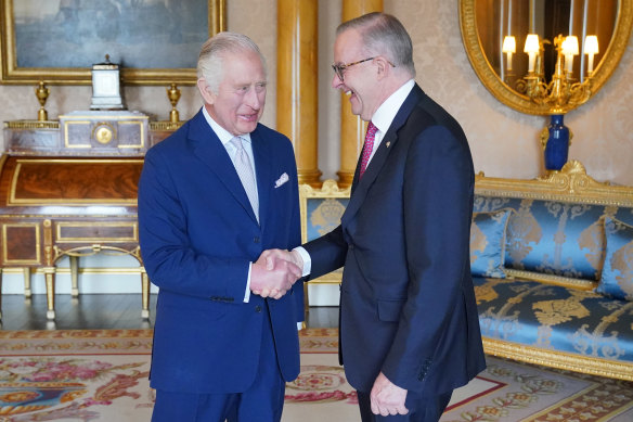 The King greets Australian Prime Minister Anthony Albanese at Buckingham Palace.