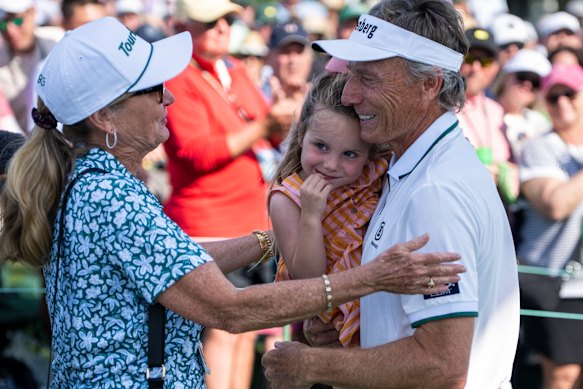Masters champion Bernhard Langer of Germany is greeted by family.