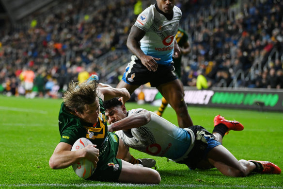 Harry Grant touches down for Australia’s fifth try against Fiji at Headingley in Leeds, England. 