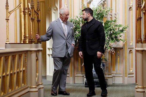 Volodymyr Zelensky wore a blazer and trousers to meet King Charles at Windsor Castle on Monday.