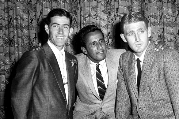 Tennis players (from left) Ken Rosewall, Pancho Segura and Lew Hoad, all professional players, in 1957.