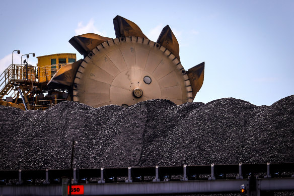 A bucket wheel reclaimer at a coal stockpile in Newcastle Port.