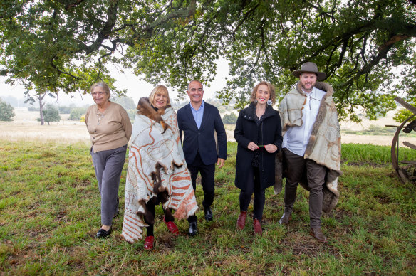 Wurundjeri and Woiwurrung elder Aunty Joy Wandin Murphy, First Peoples’ Assembly co-chair Geraldine Atkinson, Deputy Premier James Merlino, Minister for Aboriginal Affairs Gabrielle Williams and assembly co-chair Marcus Stewart at the announcement of the commission on Tuesday.