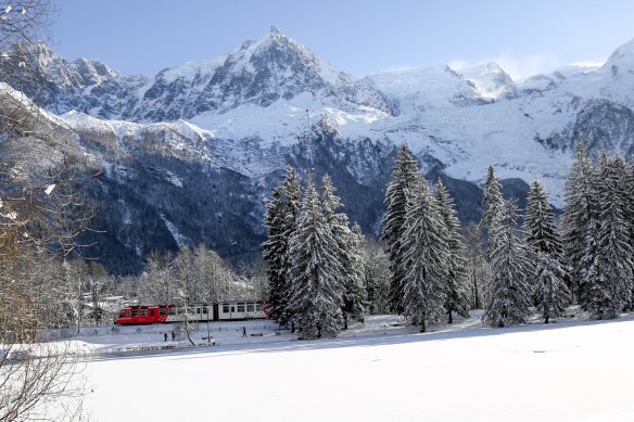 The train moving through the winter landscape.