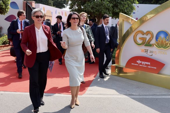 Australian Minister for Foreign Affairs Penny Wong meets Baerbock in New Delhi, India in March 2023.