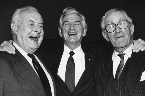 Former Prime Ministers Gough Whitlam, Bob Hawke and Malcolm Fraser appear together on June 29, 1992 for the 100th episode of Face the Press on SBS Television. 