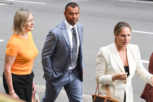 Kurtley Beale arrives at court on Wednesday with his barrister Margaret Cunneen, SC, (left) and wife Maddi Beale (right).