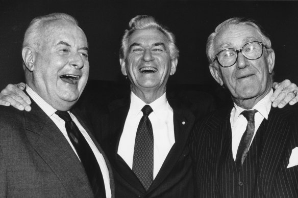 Former Prime Ministers Gough Whitlam, Bob Hawke and Malcolm Fraser appear together on June 29, 1992 for the 100th episode of Face the Press on SBS Television. 