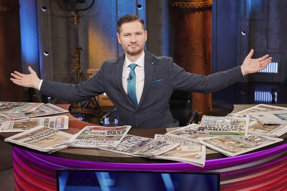Comedian Charlie Pickering on the set of his end-of-year special, The Yearly with Charlie Pickering.