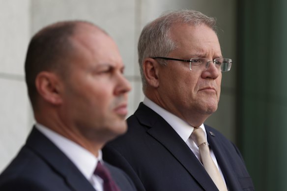 Josh Frydenberg and Scott Morrison during a press conference on the coronavirus on Thursday.