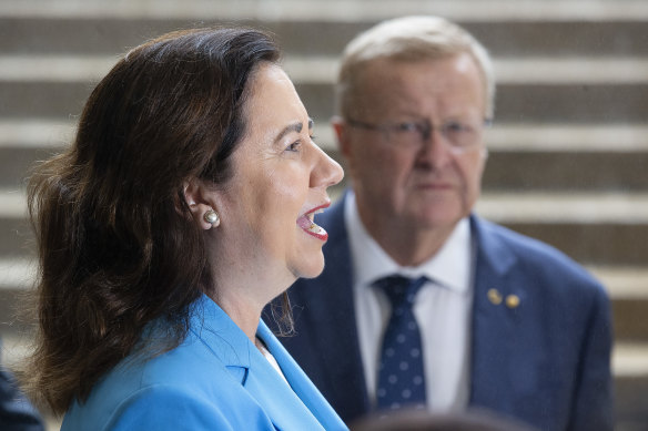 Queensland Premier Annastacia Palaszczuk, with AOC president John Coates, speaks to the media during a press conference after the IOC announced targeted dialogue ahead of the 2032 Brisbane Olympic Games bid.