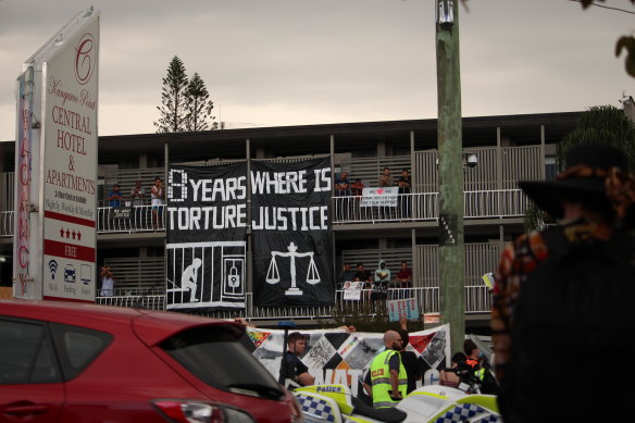 Brisbane refugee advocates have held long-running protests of the continued detention of 120 men in the Kangaroo Point hotel.