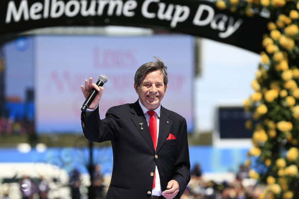 Singer John Paul Young waves after performing at the 2019 Melbourne Cup Day at Flemington Racecourse.