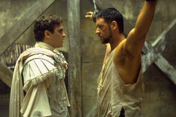 Joaquin Phoenix and Russell Crowe in a scene from Gladiator.