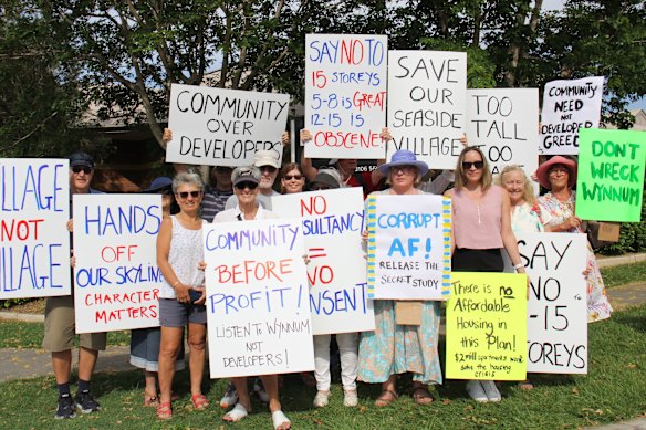 Wynnum residents protest outside Councillor Alex Givney’s office on Friday over the LNP-backed plan to encourage apartment and mixed-use developments in their neighbourhood. 