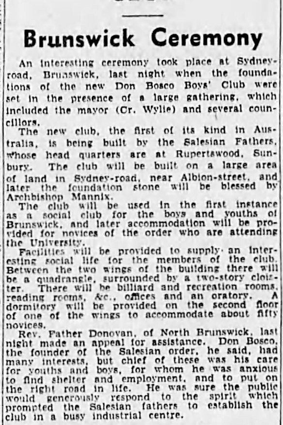 The Age's report on the opening of the Don Bosco Hostel in 1940. 