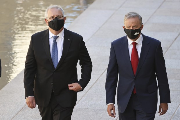 Morrison and Albanese suit up in similar outfits in Eden-Monaro