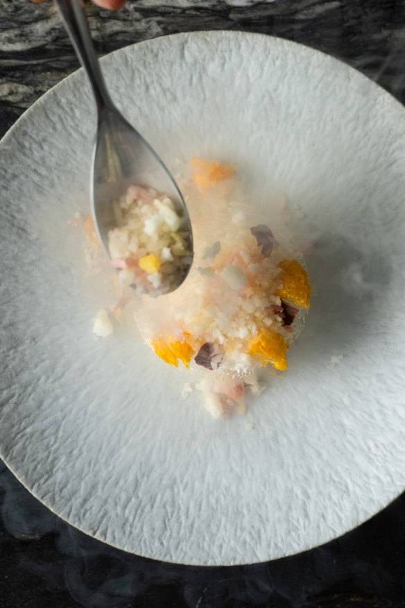Sake baba, sudachi curd, citrus cells, marigold.