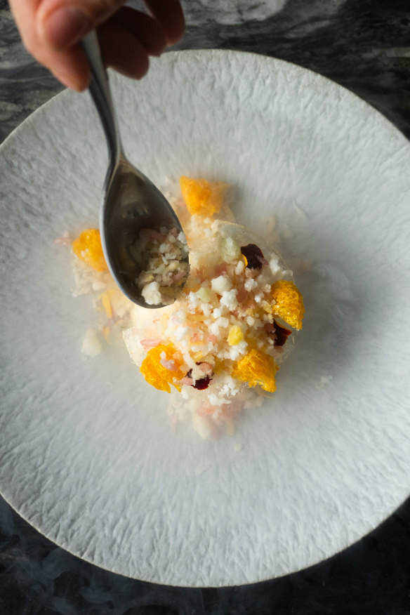 Sake baba, sudachi curd, citrus cells, marigold.