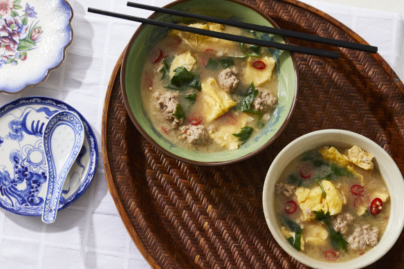 Thai pork omelette soup is good on its own, or with a bowl of rice.