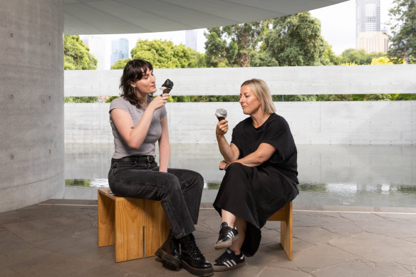 Taya Oxenham and Georgia Bainbridge enjoying grey ice-cream at Melbourne’s M Pavilion installation.