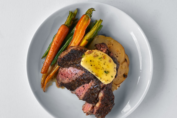 Go-to dish: Black Angus scotch fillet with “Nan’s potato bake”.