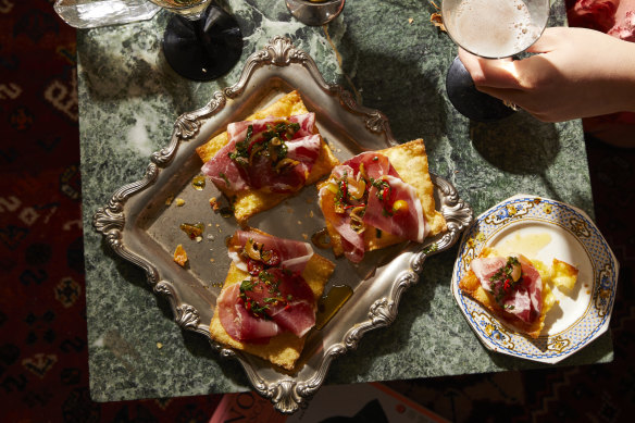 Rosheen Kaul’s wonton skin “fritti” with prosciutto, Thai basil and olive salsa verde.